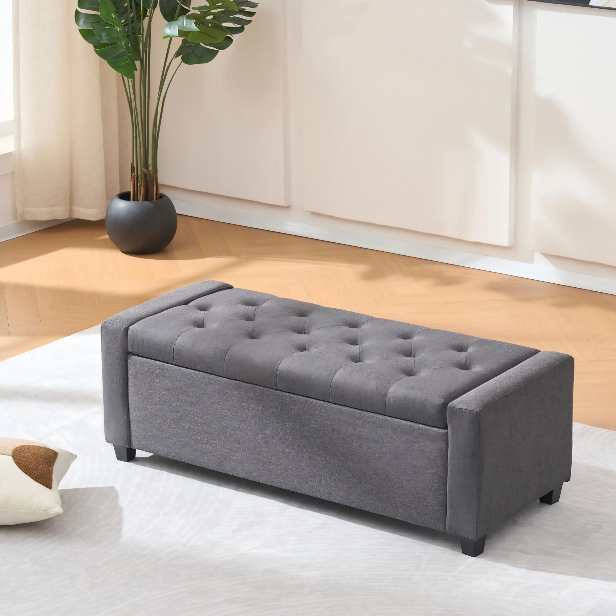 MAYEERTY 48 Inch Tufted Storage Ottoman Bench, Faux Linen Flip-Top Multi-Use Accent Bench for Bedroom Living Room Entryway