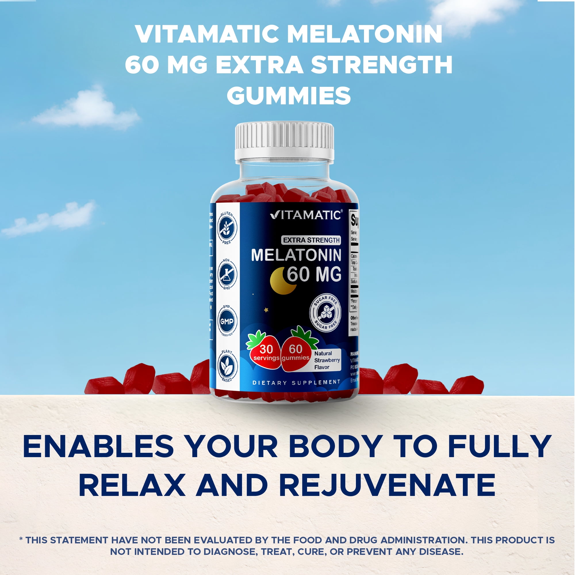 Vitamatic Sugar Free Melatonin 60mg - 60 Vegetarian Gummies - Non-Habit Forming Supplement - 2 Pack