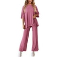 thumbnail image 5 of Women's Casual Fashion Loose-Fitting Solid Color Split Round Neck Half SleeveTop And Long Pants Two-Piece Set Tracksuit, 5 of 6