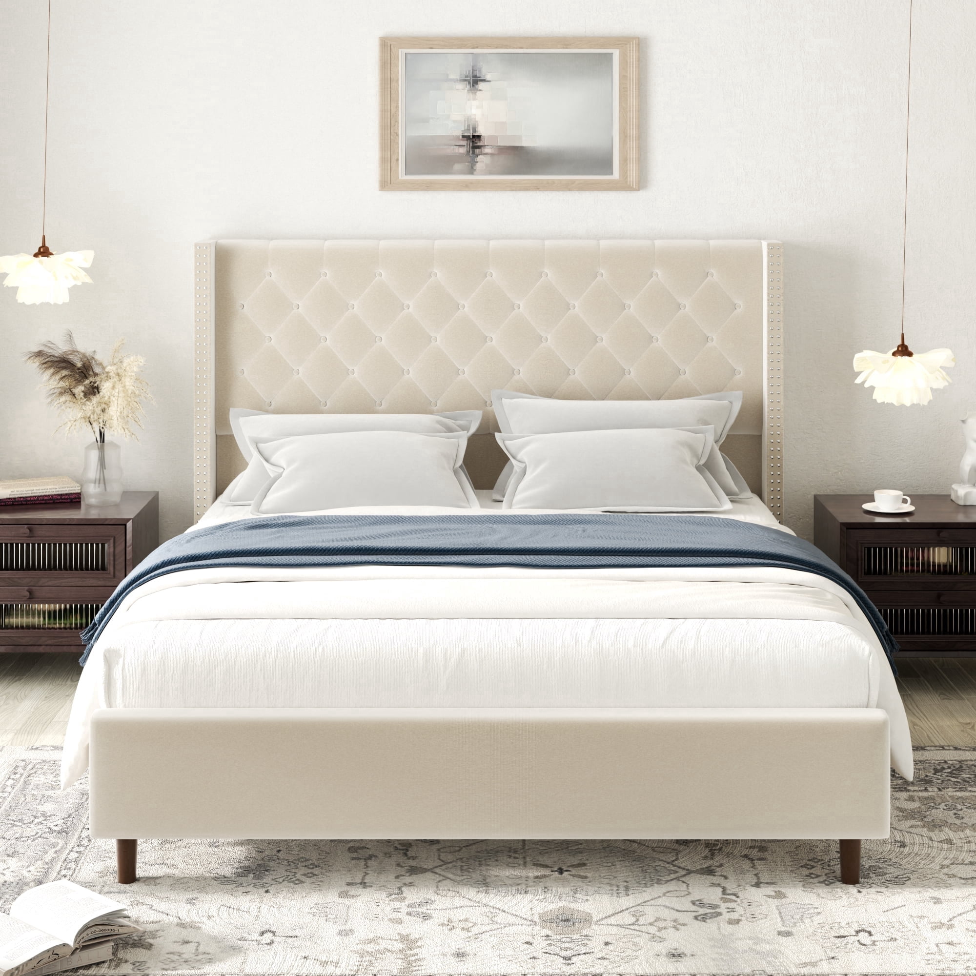 viplov King Size Bed Frame, 62" Tall Velvet Upholstered Bed, Wooden Slats, Modern Luxury Design, Easy Assembly, Beige