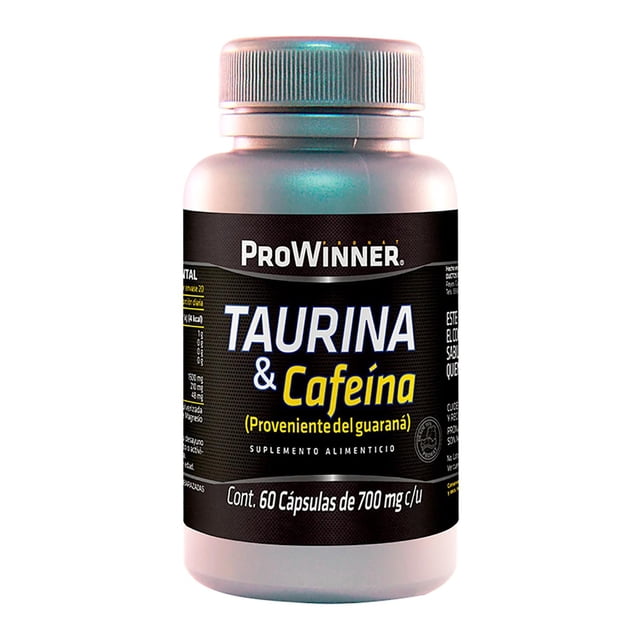 taurina cafeína 60 cápsulas prowinner guaraná Frasco frontal con etiqueta negra y texto blanco y amarillo que muestra 'Taurina & Cafeína (Proveniente del guaraná)' de la marca ProWinner; botella de plástico con tapa roscada plateada, indica 60 cápsulas de 700 mg. A menudo usado como apoyo energético en rutinas de entrenamiento.