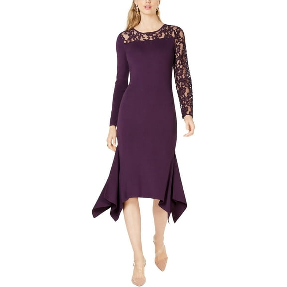 I-N-C Womens Floral Lace Inset Sweater Dress, Purple, X-Small