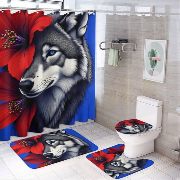 Wolf Print Shower Curtain Set 4-Set Jungle Animal Theme Bathroom Decor Set Includes Floor Mat ,Toilet Cover Mat ,U-Mat ,Shower Curtain with 12 Hooks,72inx72in