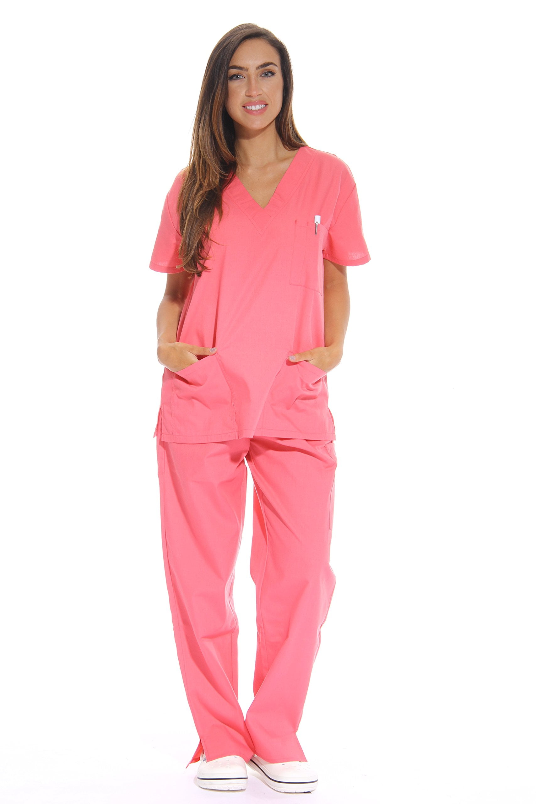Just Love Womens Scrub Sets Six Pocket Medical Scrubs V Neck With Cargo Pant Coral Large