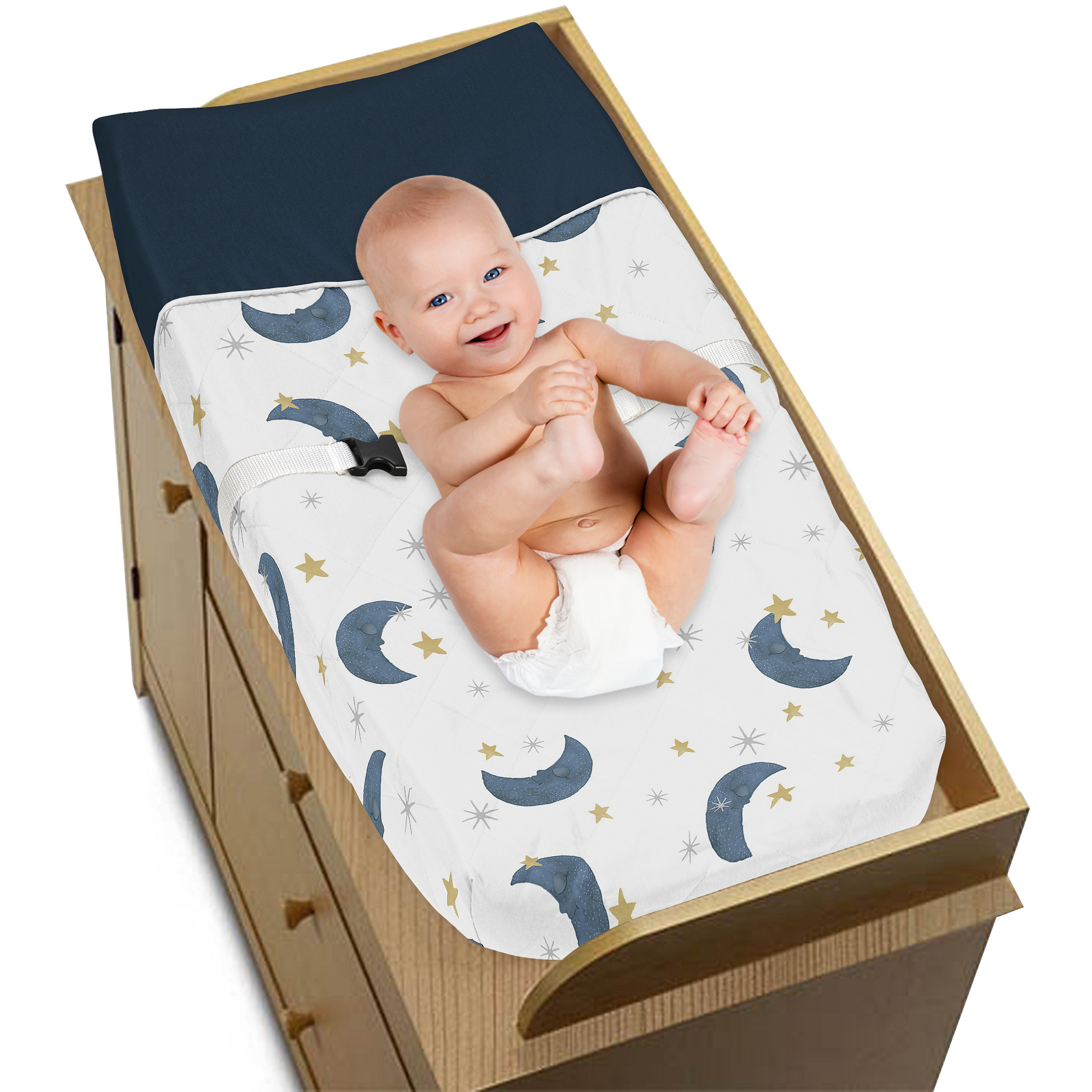 Sweet Jojo Designs Moon Bear Blue and Gold Changing Pad Cover