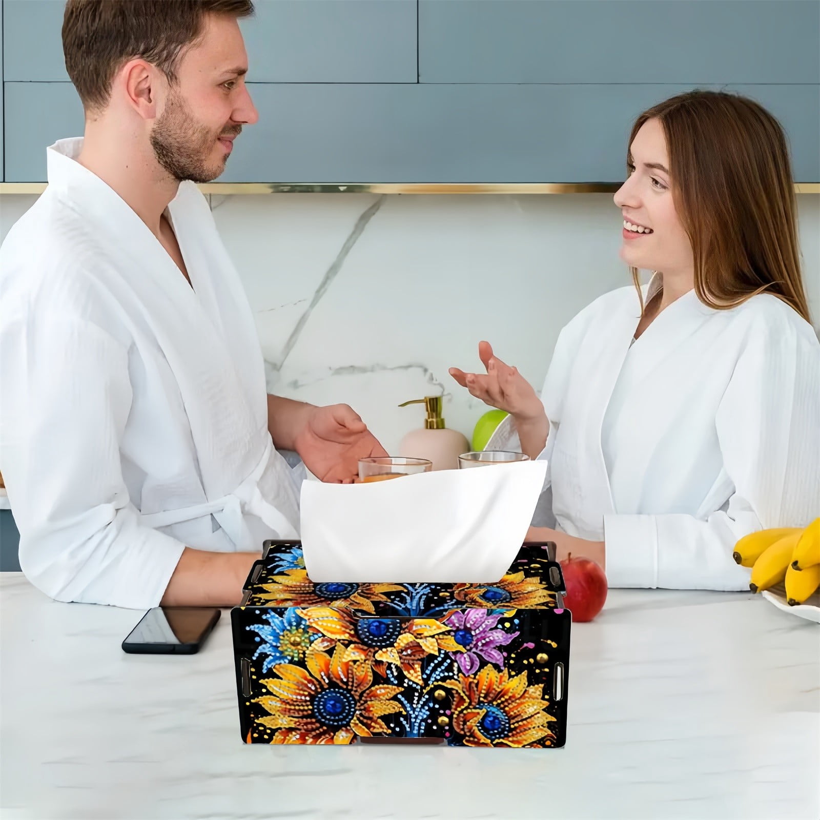 FLOPESN DIY Diamond Art Painting Wooden Assembly Paper Box, 8.86*5.31in, Creative Design Table Decor Rectangular Paper Towel Storage Box-Sunflower