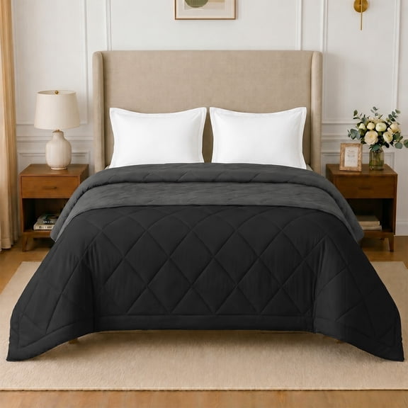 Loomsnest Diamond Quilted Comforter Full/Queen Duvet Insert, All Season, Soft, Lightweight, Down Alternative Reversible Comforter (Black & Dark Gray)