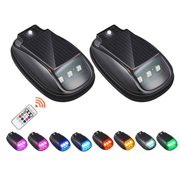 2 PCS Solar Car Roof RGB Strobe Light with Remote Contro, 8 Color Off Road Lights with Vibration Sensor, Solar Powered Cab Lights, Waterproof, No Drilling, for Motorcycle, Vehicle, Truck Use