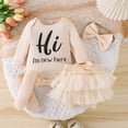 thumbnail image 3 of HWJAD Hello I'm New Here Newborn Girls Clothes Baby Girl Outfits Infant Girls Long Sleeve Romper Skirt Leg Warmer Headband Set, 3 of 11