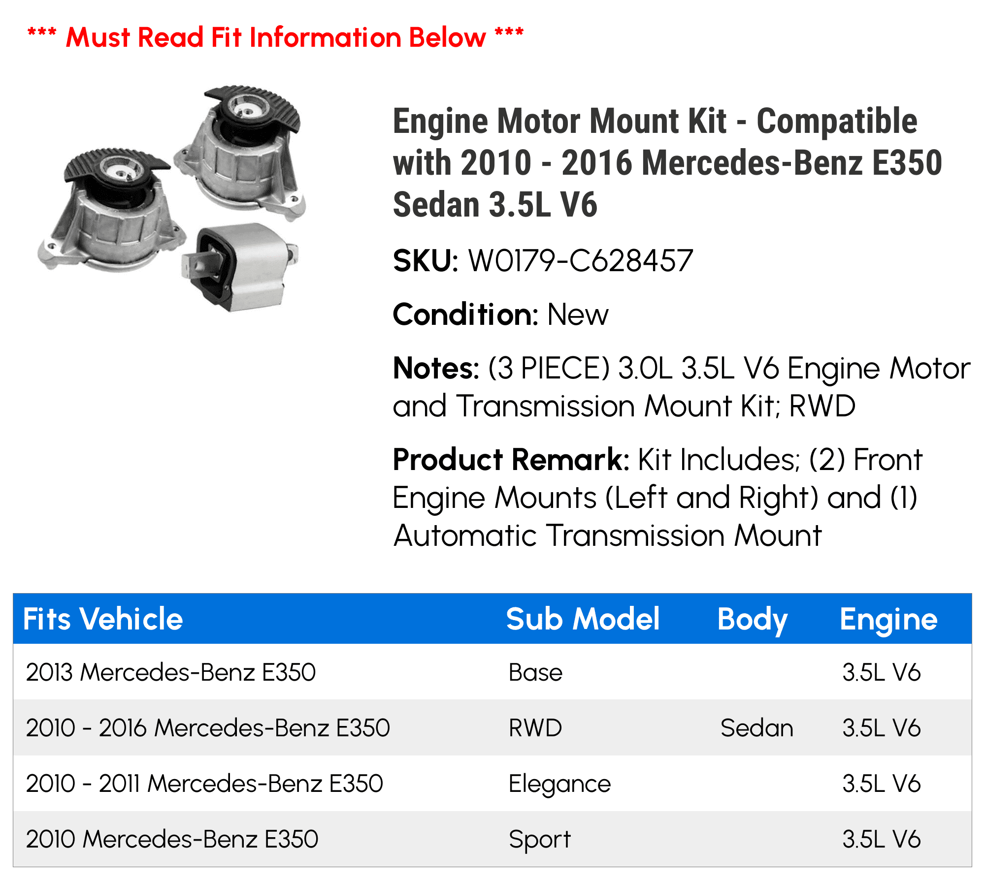 Engine Motor and Transmission Mount Kit - 3 Piece - Compatible with 2010 - 2016 Mercedes-Benz E350 Sedan RWD 3.0L 3.5L V6 2011 2012 2013 2014 2015