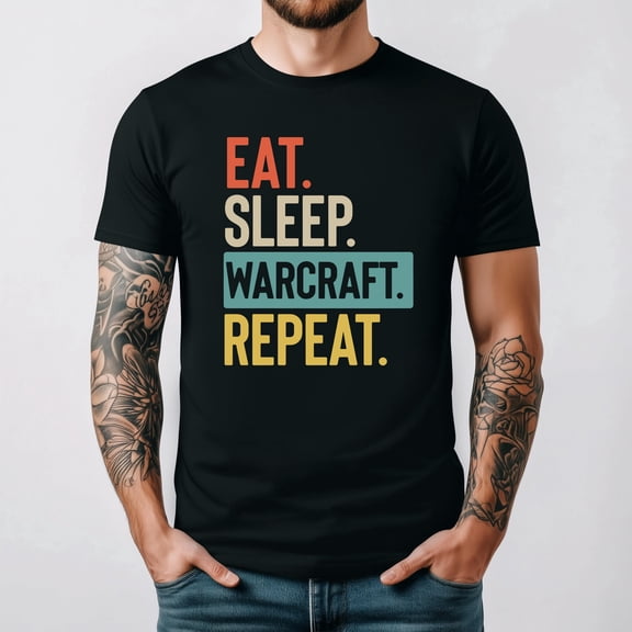 Eat Sleep Warcraft Repeat Gamer Addict Classic Gaming Graphic T Shirt, for men & women up to 5XL