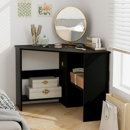 Costway Corner Computer Desk Triangle Writing Workstation w/ Storage Shelf - Black