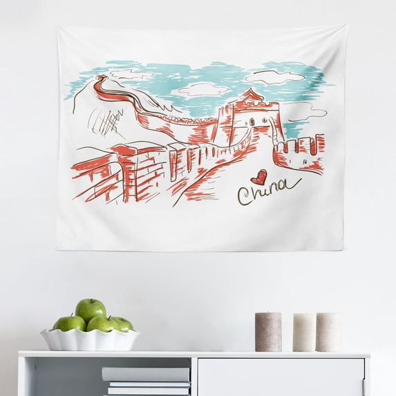 China Tapestry, Fantasy Sky Cultural Architecture Section Surrounded by Grassland Print, Fabric Wall Hanging Decor for Bedroom Living Room Dorm, 2 Sizes, Multicolor, by Ambesonne
