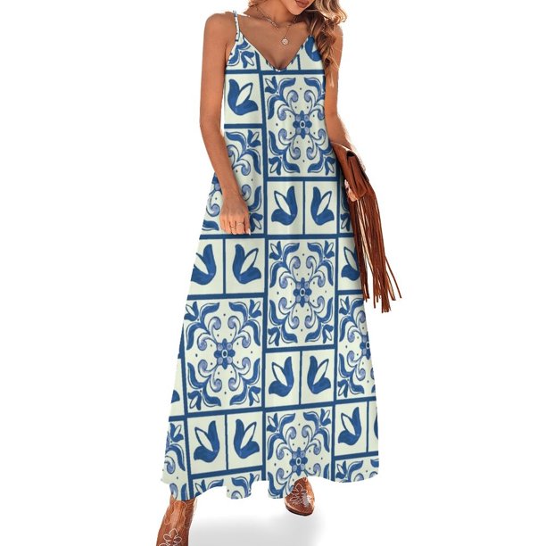Nuevo vestido azulejo sin mangas de Lisboa Vestidos largos Vestidos de fiesta para mujer Vestido de hadas Vestido sexy