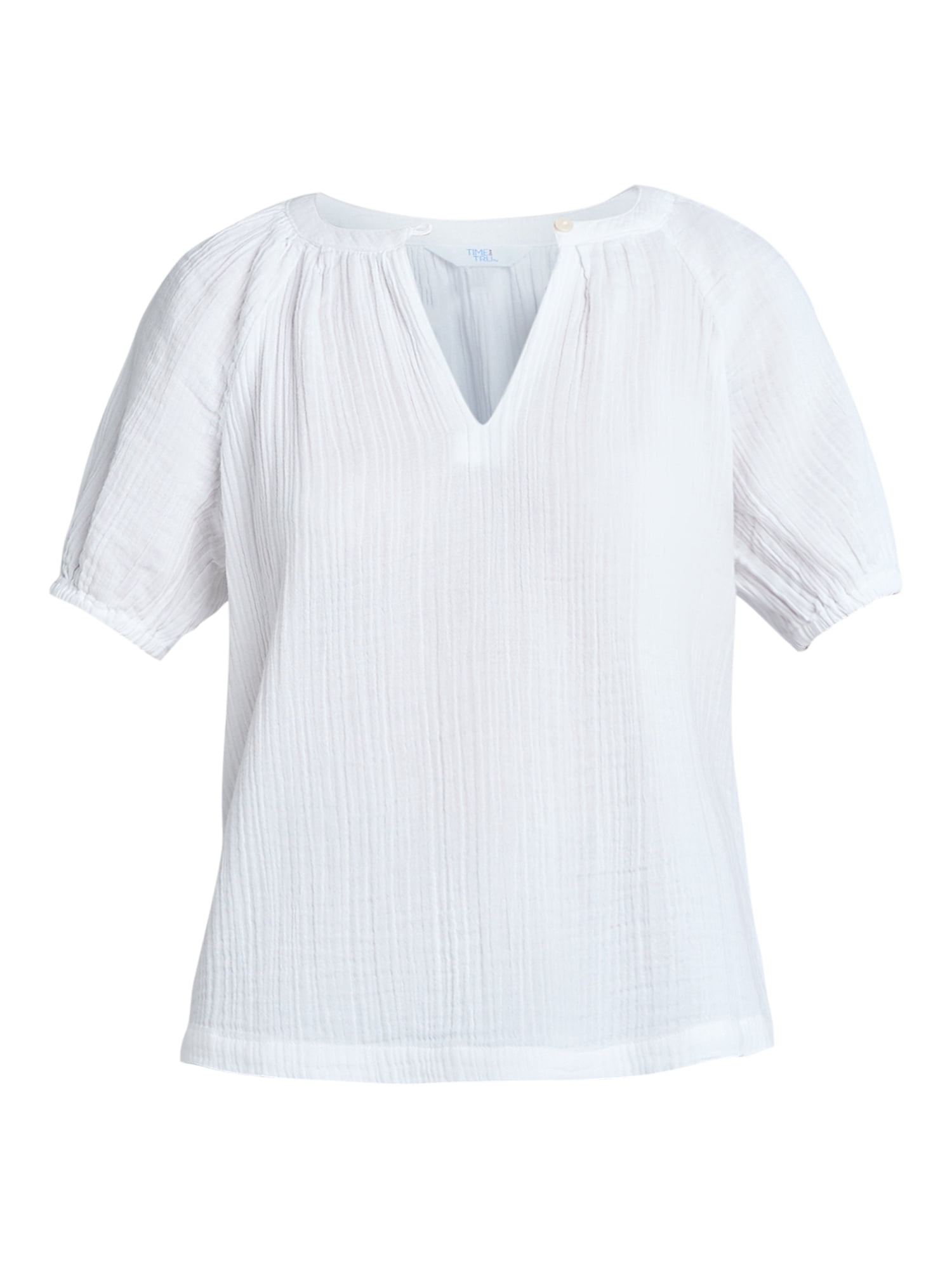 Time and Tru Women's Double Cloth Cotton Top with Short Sleeves, Sizes XS-XXXL