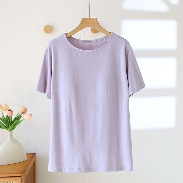 Pijama de manga corta para mujer, de moda, de color liso, con almohadilla para el pecho, sin aros de acero, ropa interior inferior, pijama de manga corta, top de algodón para mujer