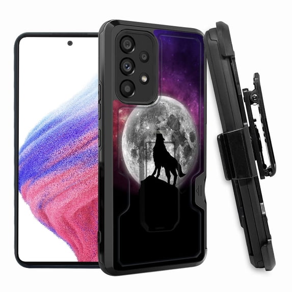 ANJ+ Rugged Shockproof Hoster Case w/Card Slot, Kickstand + Tempered Glass Cover for Samsung Galaxy A33 5G - Galaxy Stars Howling Wolf