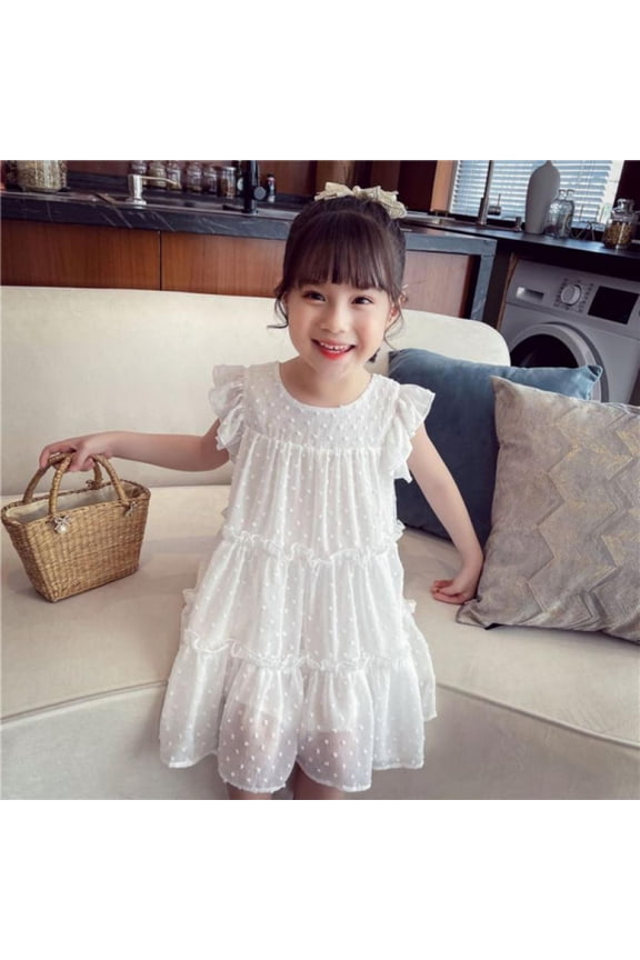 Girl's Summer Dress Flared Sleeve Loose Fit Swiss Dots Flowy Pleated Dress 1-5 Years