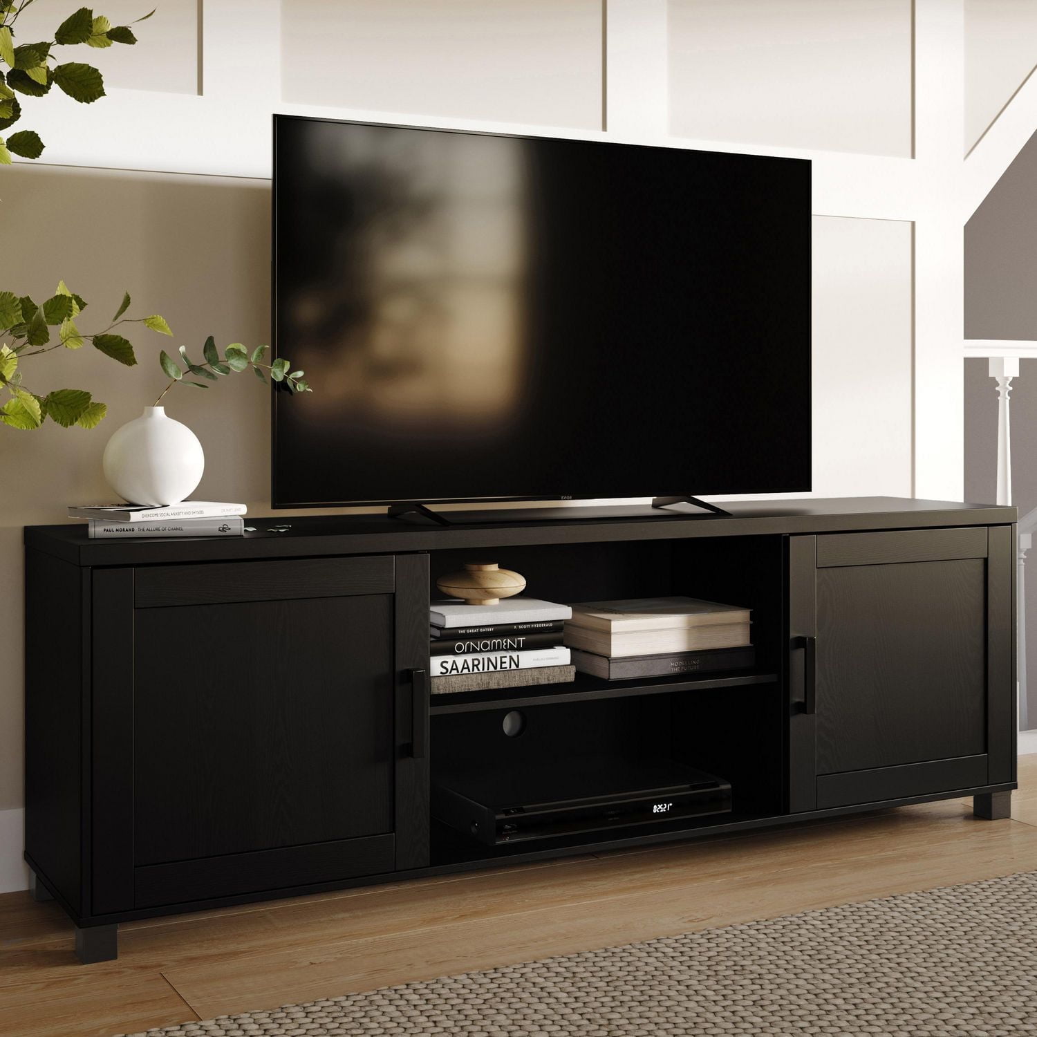 Meuble TV CorLiving Virlomi en bois d'ingénierie avec rangement ouvert et fermé pour téléviseurs jusqu'à 85 pouces