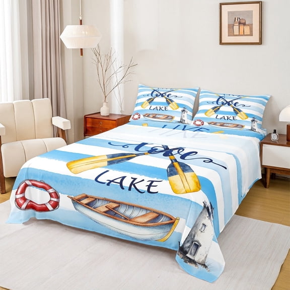 jejeloiu Lake Theme Bed Sheets,Blue Lighthouse Paddle King Sheets,Cute Cartoon Watercolor Sheet Set For Children,Lightweight Room Decor,4 Pieces