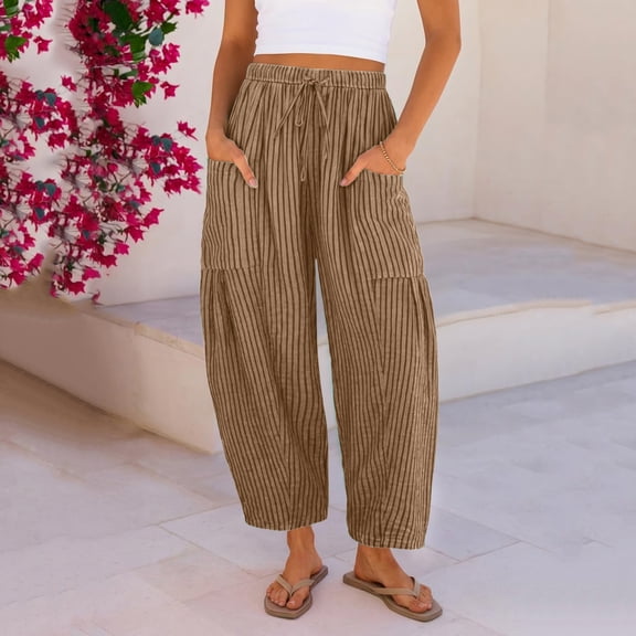 Dwellite Womens Linen Wide Leg Pants Casual Loose Drawstring Summer 2026 Beach Travel Vacation Palazzo Pants with Pockets Light Brown S