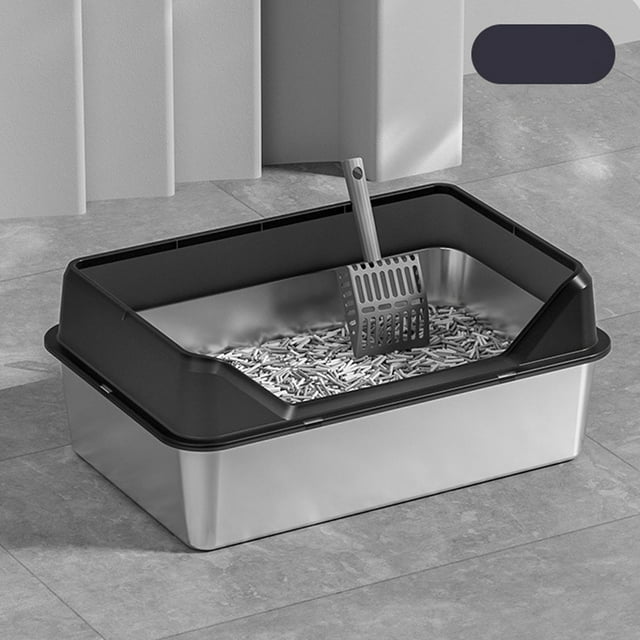 Open Top Cat Litter Tray, Stainless Steel Cat Litter Box with Litter Scoop, High Sided Litter Pan, Splash Proof Large Metal Litterbox for Pet, Easy to Clean