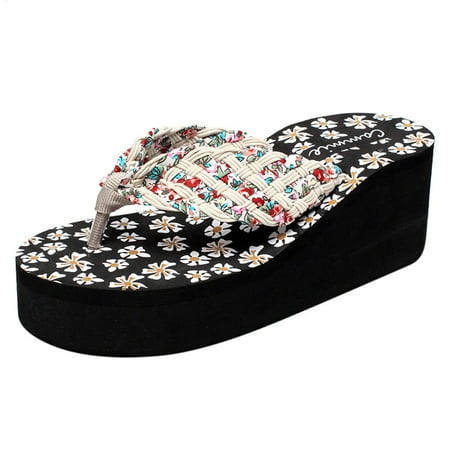 

Alueeu ladies shoes casual Women Ladies Girls Wedges Floral Flip Flops Sandals Slippers Beach Shoes Beige 37
