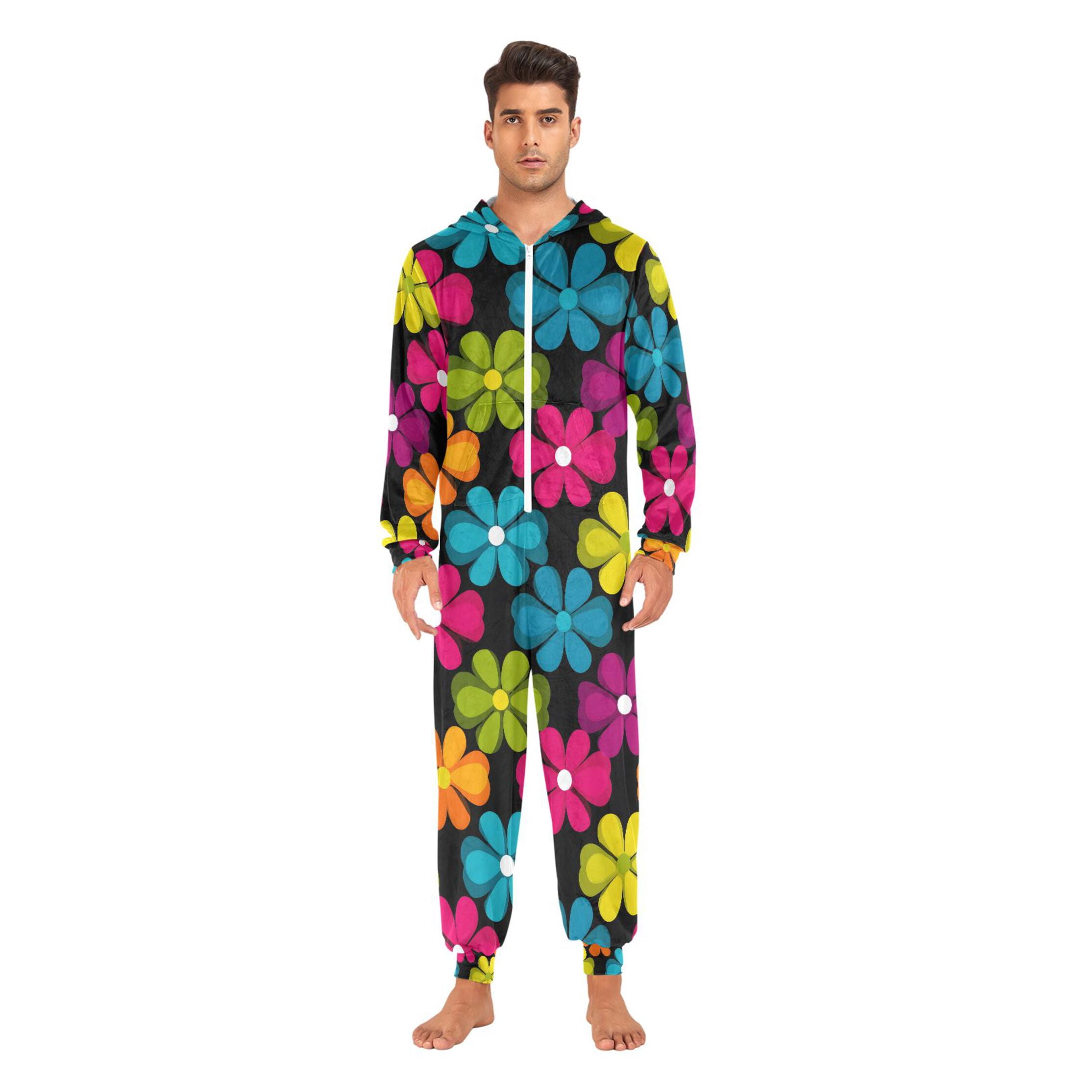 Adult Christmas Onesie Hipster Retro Style Flowers Adult Zipper One-Piece Pajamas Unisex Pajamas with Pockets