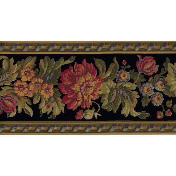 Trimz Designer Elegant Floral Wallpaper Border -  Black, Burgundy, Yellow, Green 15' L x 9" W