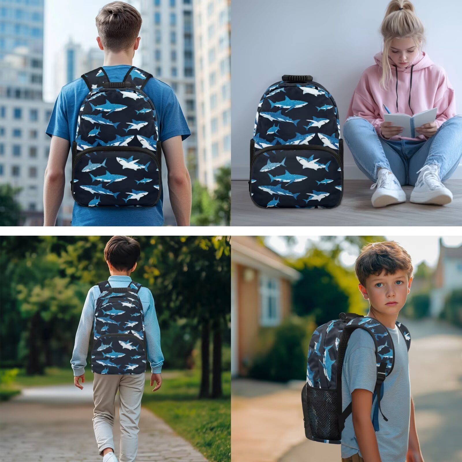 Pzuqiu Blue Shark Print Kawaii Backpack School Backpacks for Girls with Lunch Box Pencil Case 2pcs Bookmark 17 Inch School Backpacks for Kids Travel Rucksack Schoolbag Set of 4