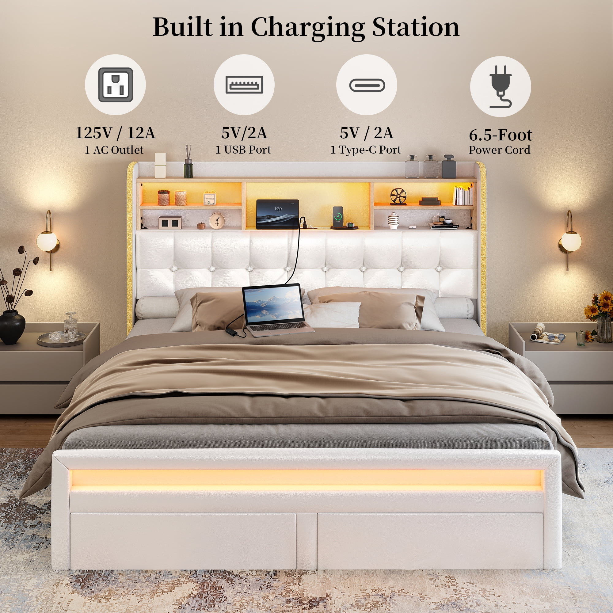 SIBEDS LED Bed Frame with 2 Storage Drawers and PU Upholstered White Wingback Headboard, Queen