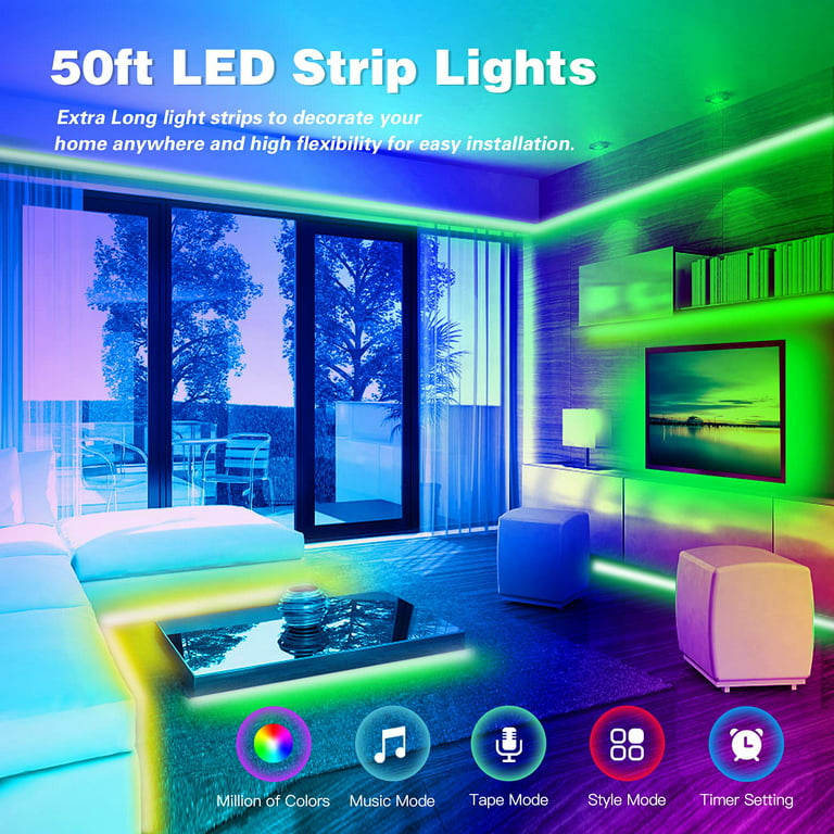 50ft LED Lights for Bedroom Music Sync LED Light Strips Color ...
