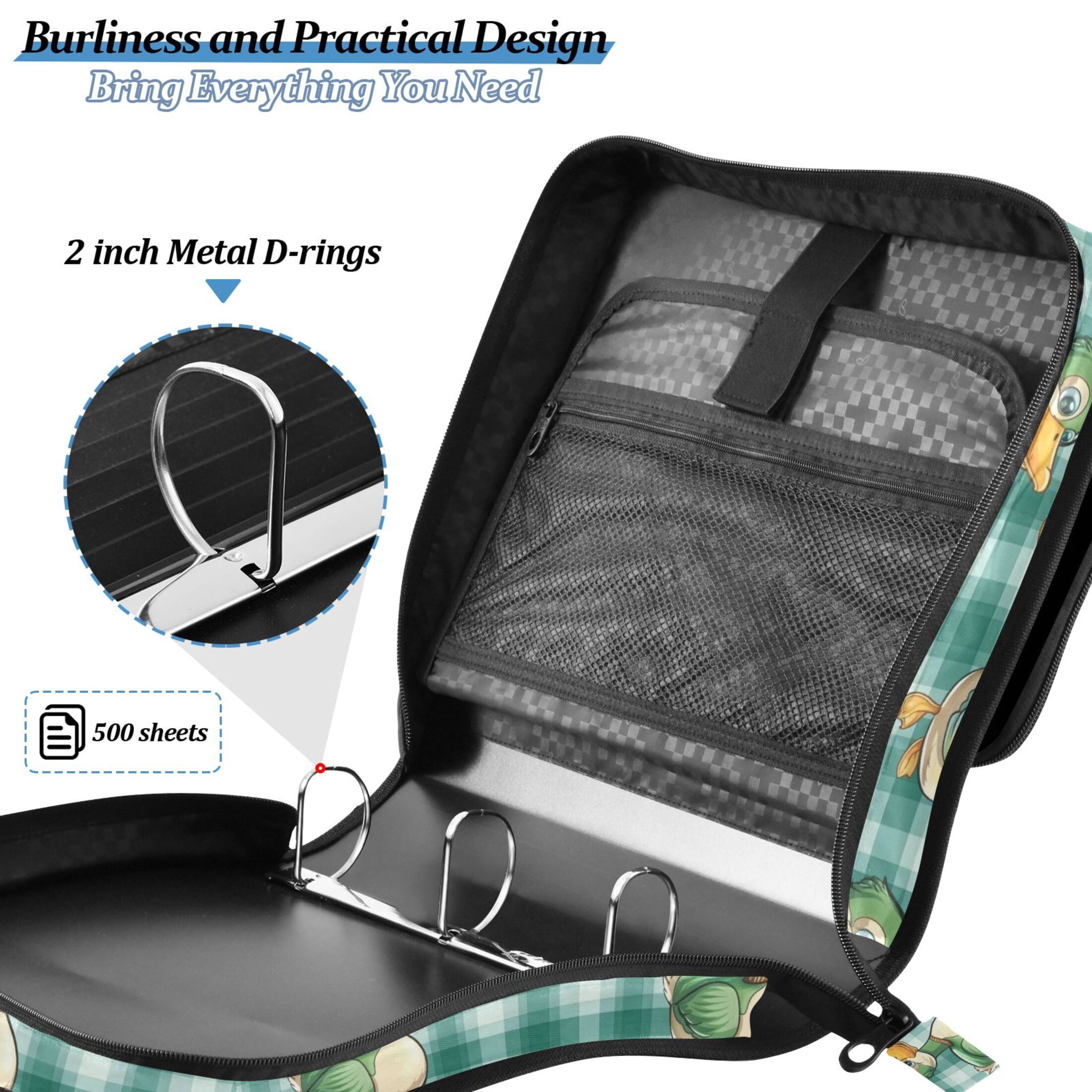 3 Ring Zipper Binder with Shoulder Strap Waterproof Trapper Keeper 2 Inch D-Ring 500 Sheets Capacity Cute Ducks on Plaid
