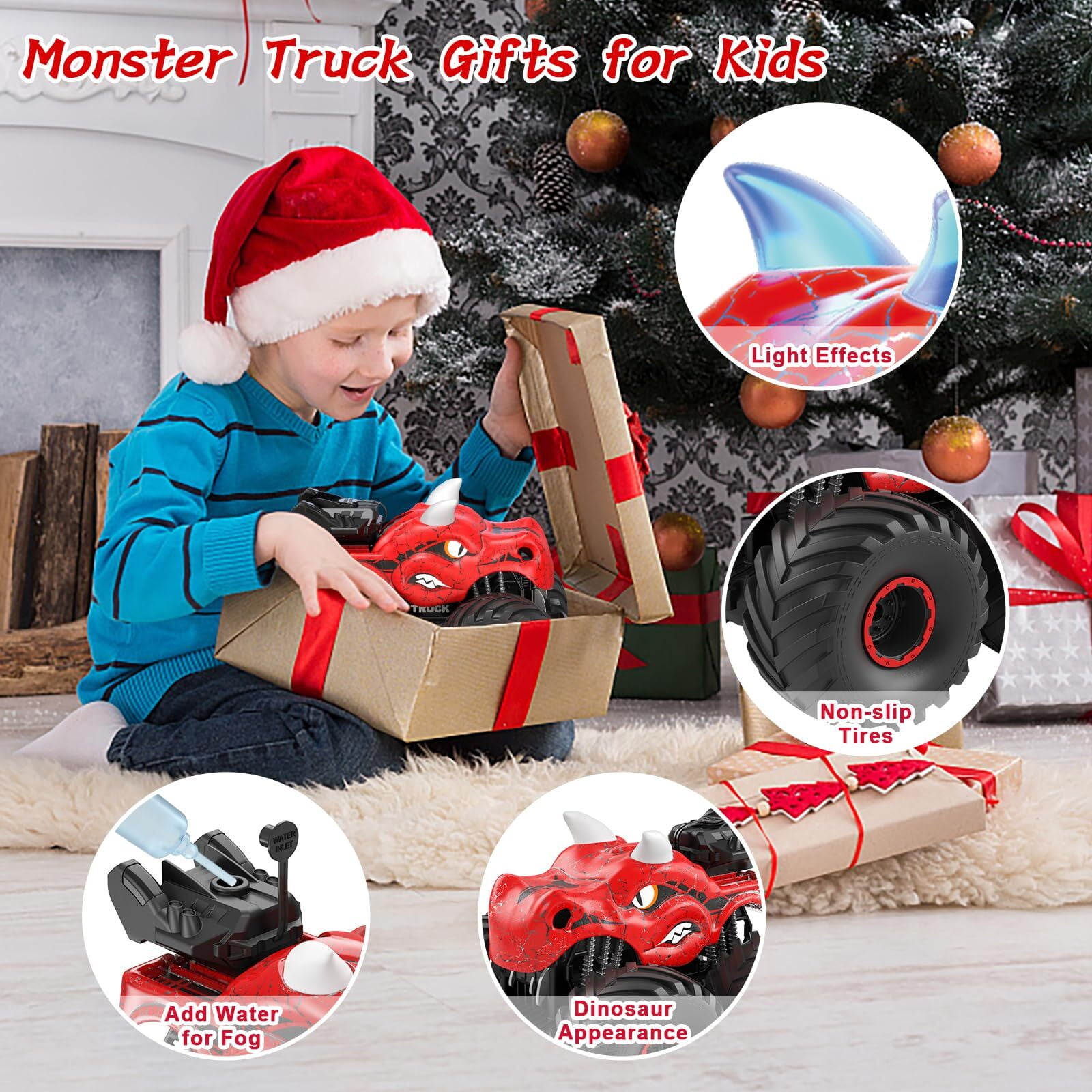 JBeeCtrl Remote Control Car 2.4GHz 360° Rotating RC Monster Trucks for Boys with Spray, Light & Sound Dinosaur Toys for Kids Boys 3 4 5 6 7 8 Christmas Birthday Gift（Red）