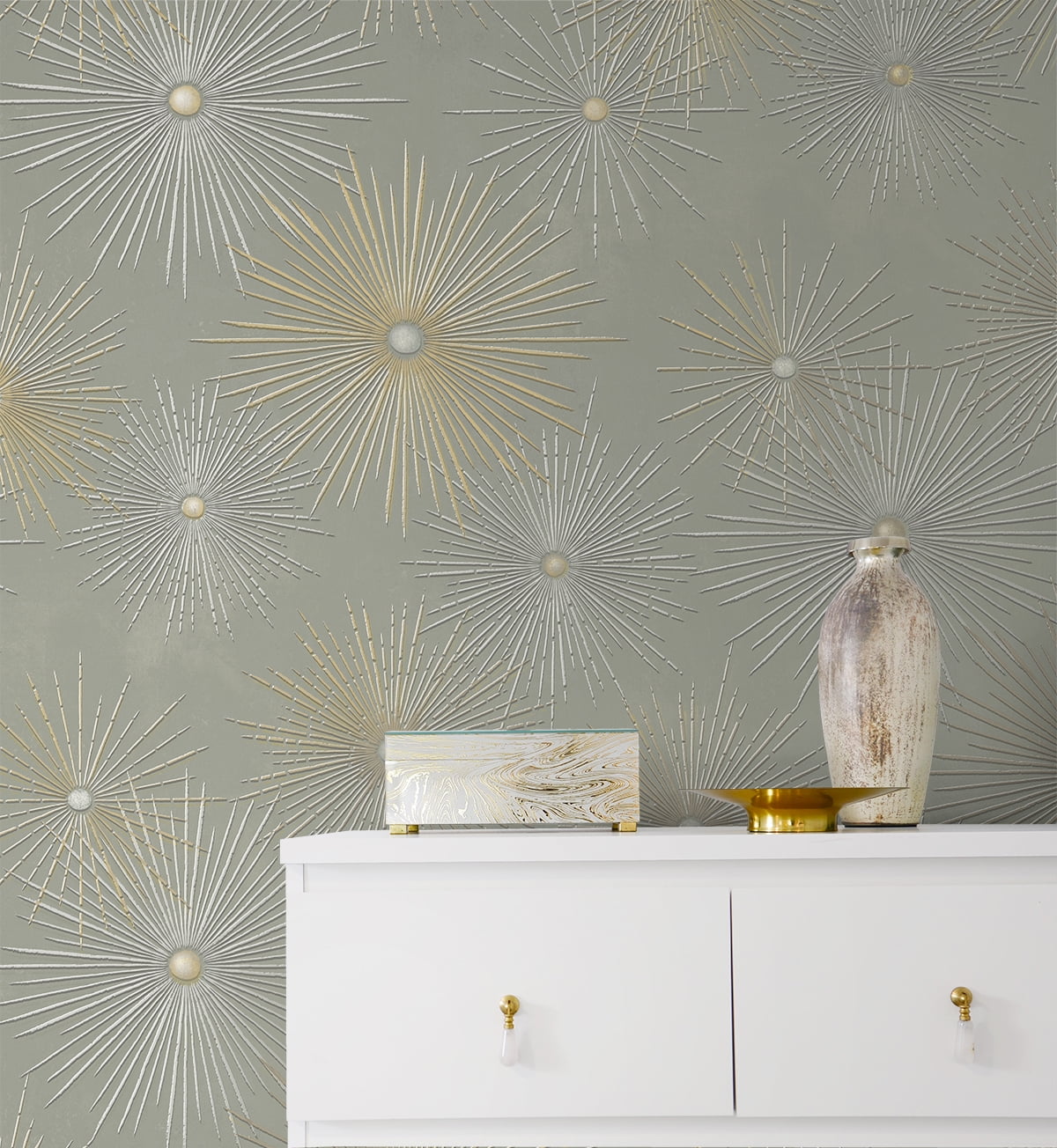 NextWall  Starburst Geo Peel and Stick Wallpaper Silversmoke & Gold