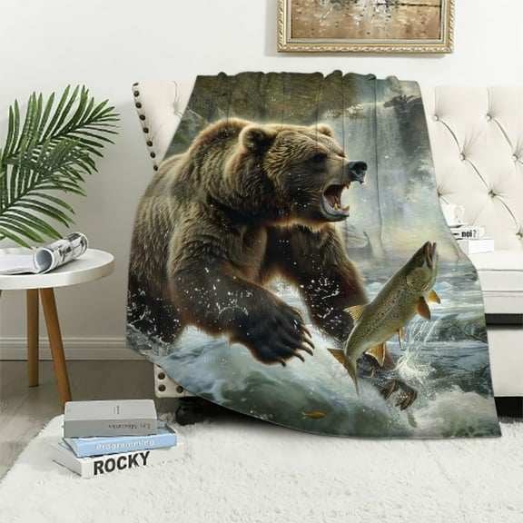 BCIIG Roaring Bear Throw Blanket Cozy Fleece Sherpa Blanket,Fishing Brown Bear Blanket for Boys,Woodland Forest Wildlife Blanket for Adults,3D Printed Sherpa Bear Theme Blanket 40x50in