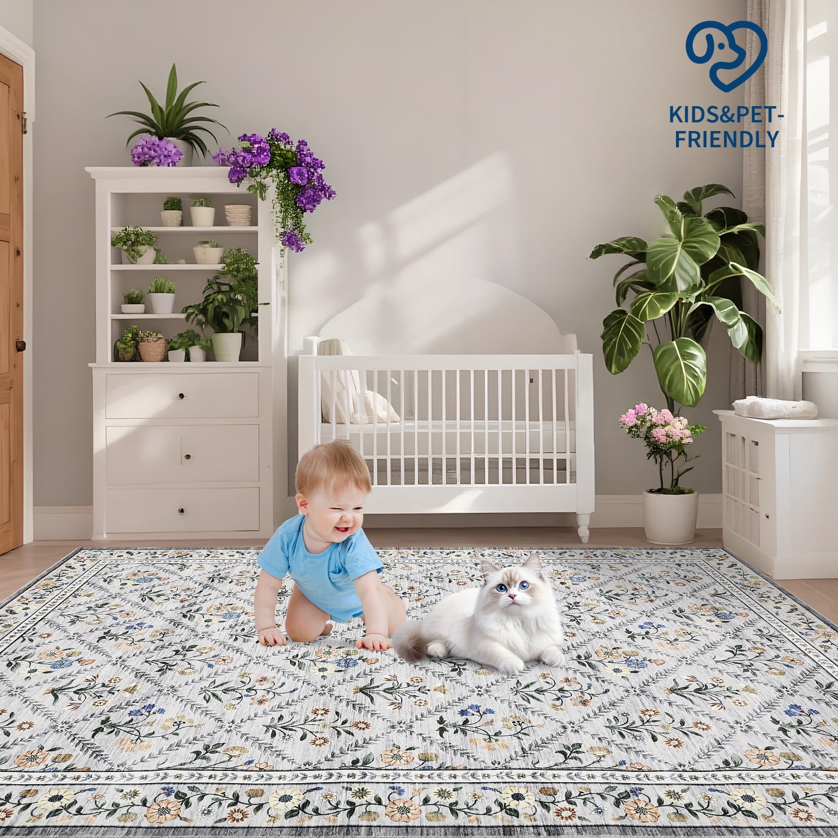 Senfot 10x13 Floral Print Area Rug Machine Washable Non-Slip Stain Resistant Low Pile Bordered Farmhouse Rug for Living Room Bedroom Home Office Gray