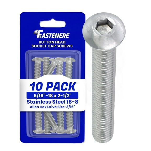 Fastenere Button Head Socket Cap Screws -5/16-18 x 2-1/2" (10 Pack) Stainless Steel 18-8, Full Thread, Bright Plain Finish, Corrosion-Resistant, Machine Thread, Easy to Install w/ Allen Socket Drive
