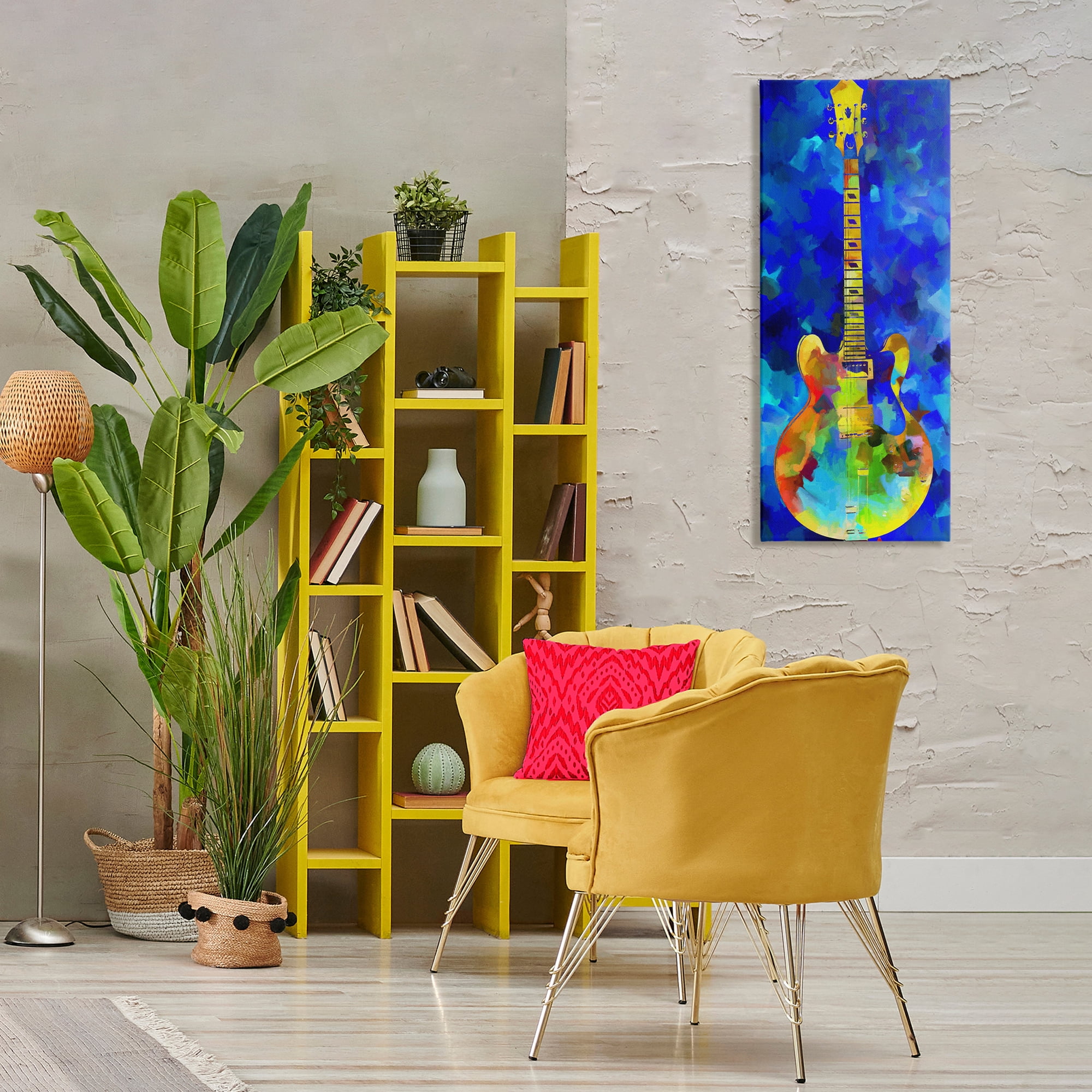 Stupell Industries Abstract Guitar on Blue Entertainment Painting Wrapped Canvas Art Print Wall Art, 17 x 40