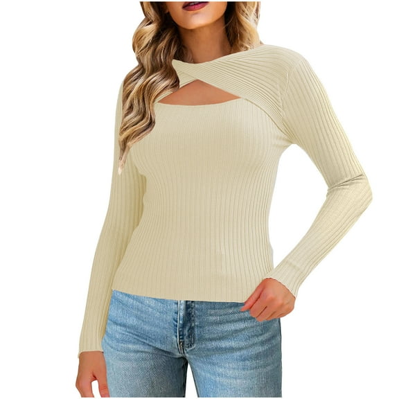 Htigea Cutout Knit Sweaters for Women Slim Fit Long Sleeve Pullover Ribbed Tops Solid Color Basic Fall Clothes Beige L