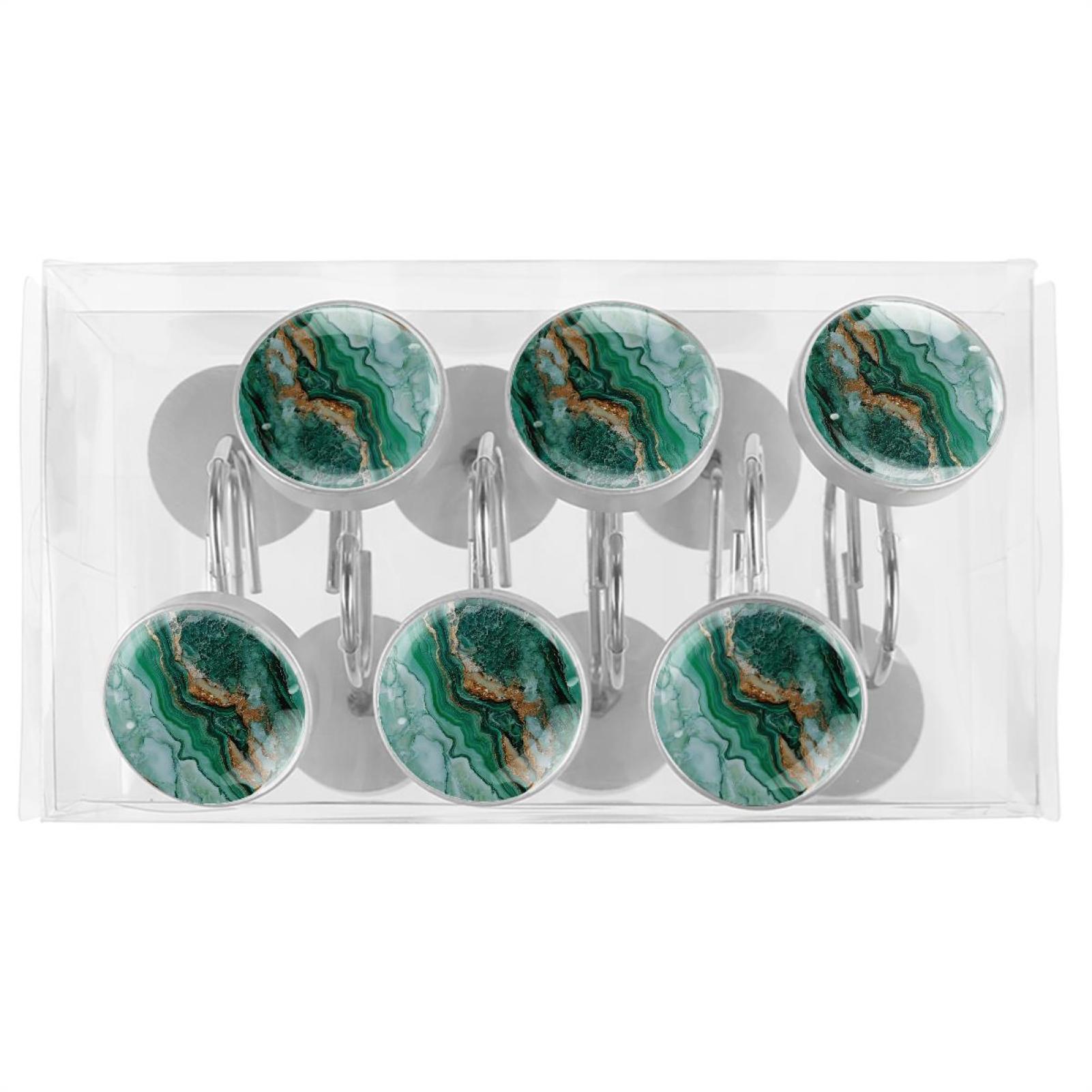 HemaKayy 12 Pcs Shower Curtain Hooks Bathroom Decorative Accessories Gold Foiled Emerald Marble