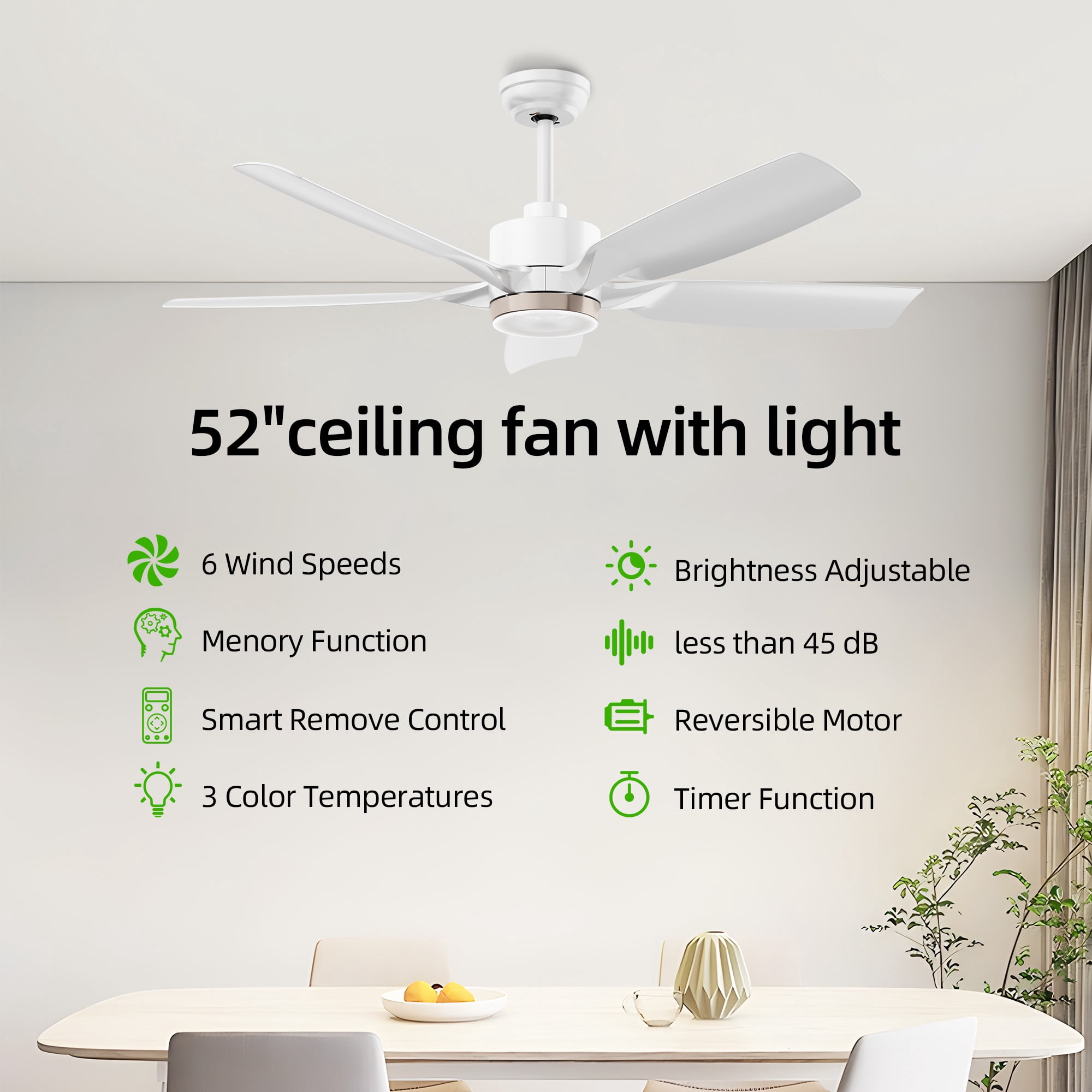 KISSAIR 52 In 5 Blades Ceiling Fan with Light and Remove Control 6 Speeds & Reversible DC Motor,3 Color Dimmable LED, Ultra Quiet 45dB, Timer Function ,White