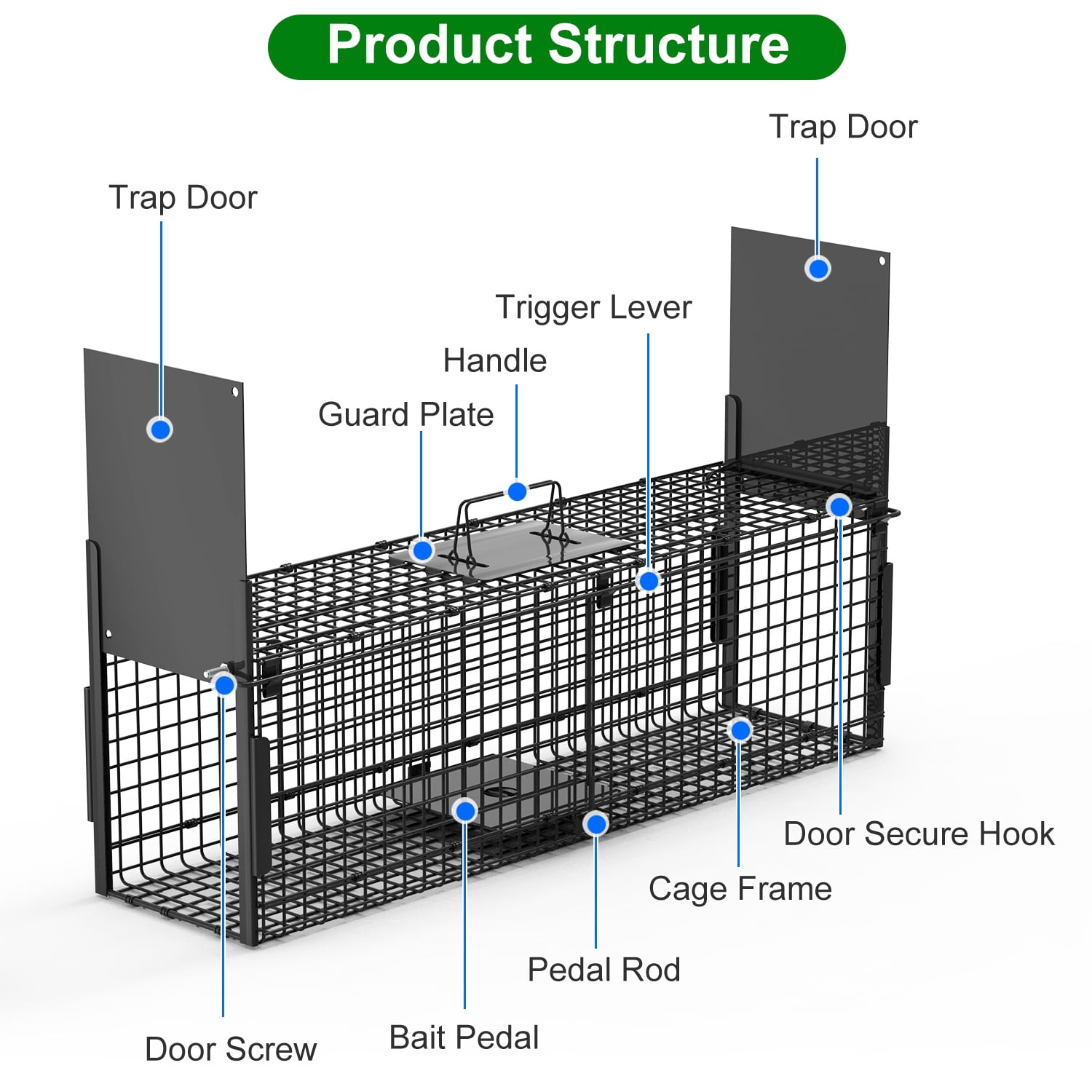 Zorpupoa 32in 2-Door Galvanized Iron Humane Live Animal Trap, Easy Setup Catch & Release for Raccoons, Squirrels, Rabbits Under 12 lbs
