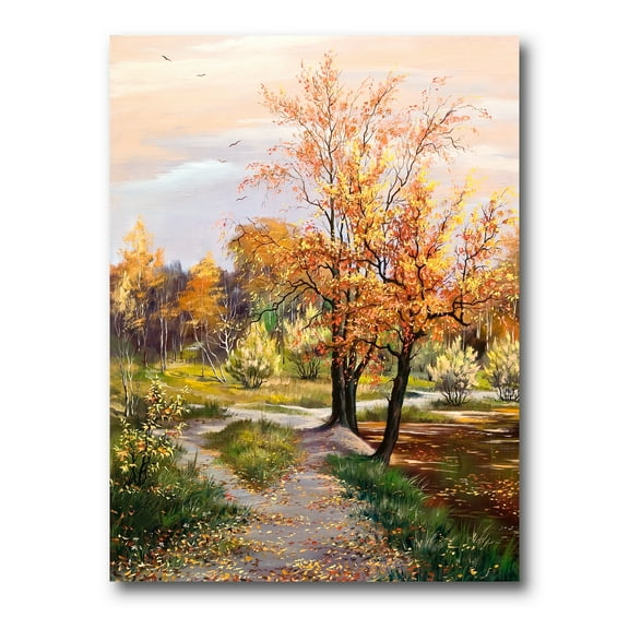Designart ' The Orange Woods Along River ' Country Canvas Wall Art Print
