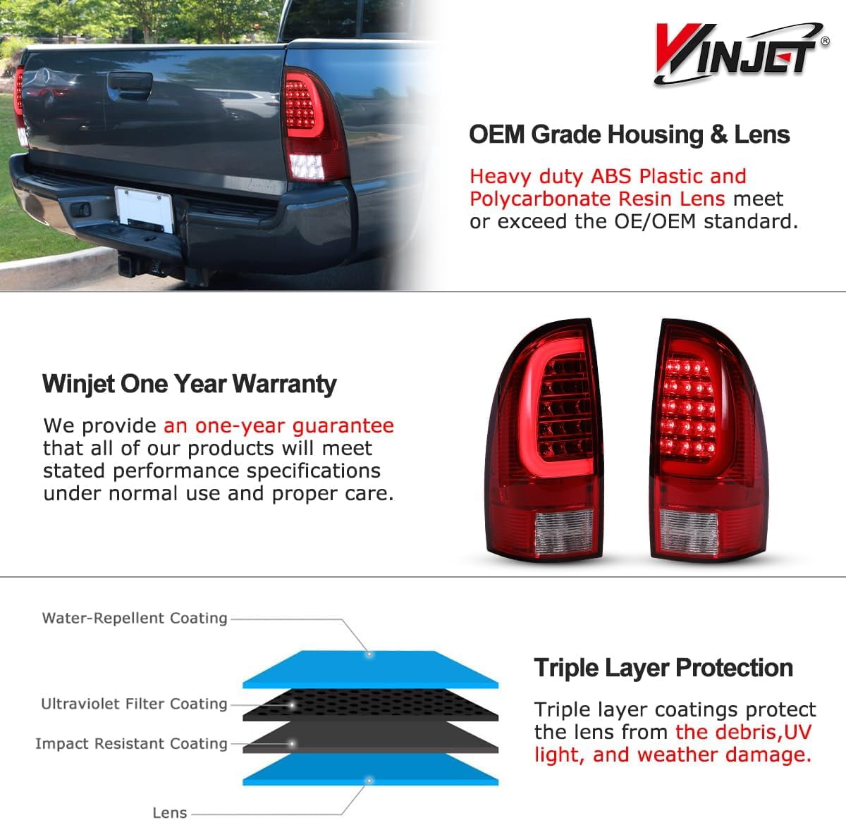Winjet LED Tail Light Assembly Fit For 2005-2015 Toyota Tacoma,Full Led Taillight Replacement w/Red Sequential Turn Signal/Running/Brake/Reverse Light (Black Housing Red Lens)