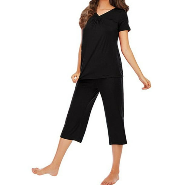 Women Sleepwear Set Sexy V Neck Top Pants Pajamas Set Modal Pajamas  Nightwear, Black, XL 