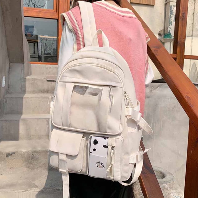 Mochila Universitaria de Estilo Coreano para Mujer | Mochila de Gran Capacidad de Tela de Nailon | Blanca | 44 X 31 X 14 Cm | Ligera E Impermeable | Ideal para La Escuela y Viajes