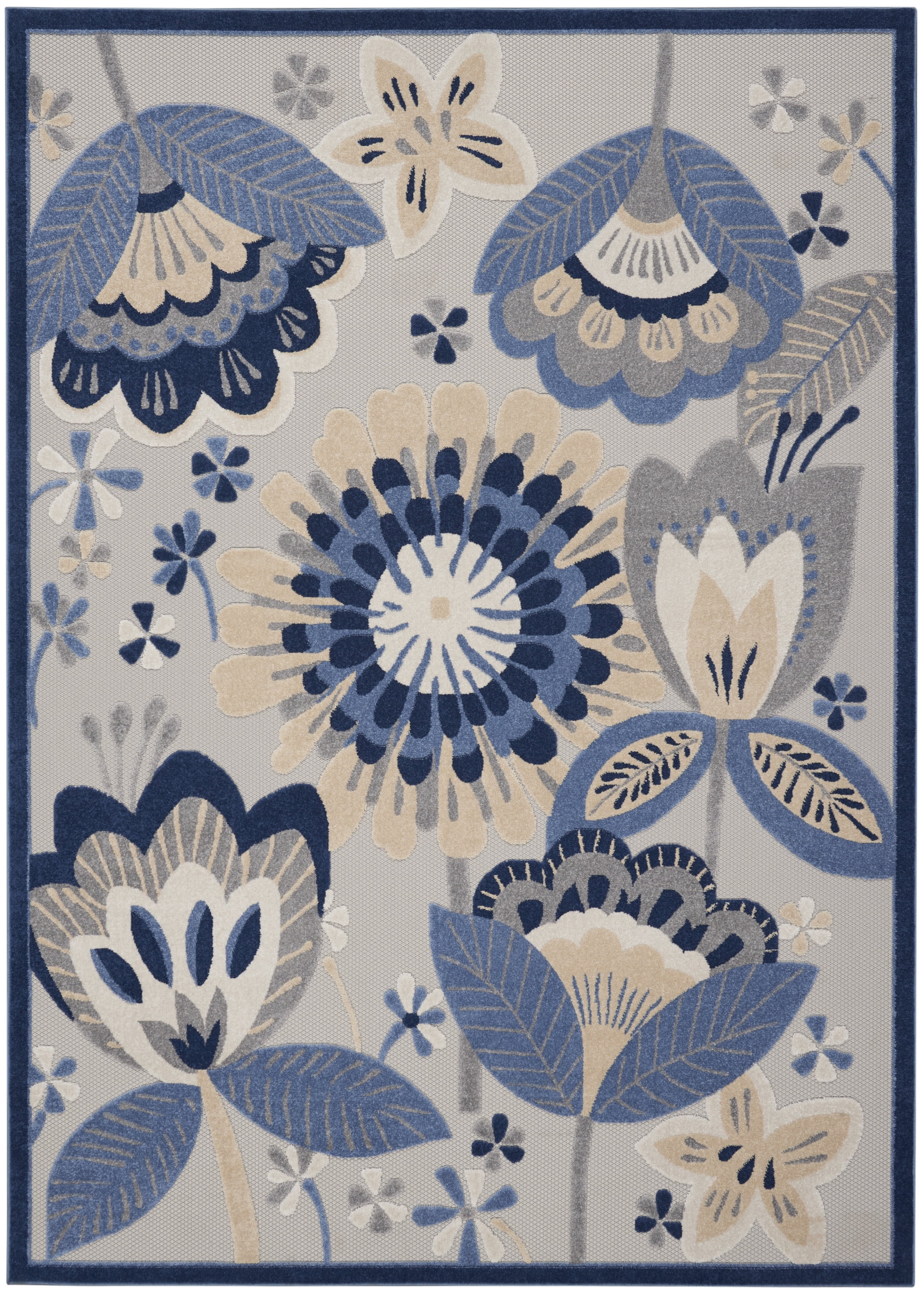 Nourison Aloha Indoor/Outdoor Floral Contemporary Blue/Grey 9' x 12' Area Rug, (9' x 12')