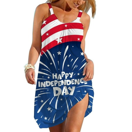 

Women July 4th Sleeveless Tank Dresses Independence Day Patriotic Sundress American Flag Beach Sun Dress with Pockets