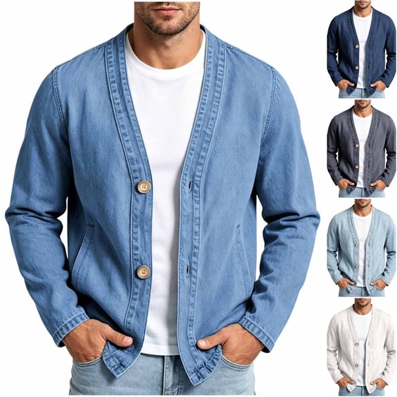 Husipze Mens Denim Jean Shirt V Neck Button Front Long Sleeve Casual Collarless Denim Jacket with Side Pockets Blue S